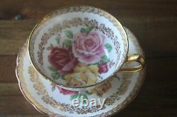 Paragon Three Large Cabbage Roses Red Pink Yellow Gold Teacup Tea Cup Saucer