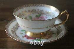 Paragon Three Large Cabbage Roses Red Pink Yellow Gold Teacup Tea Cup Saucer