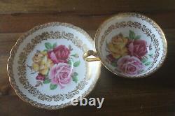 Paragon Three Large Cabbage Roses Red Pink Yellow Gold Teacup Tea Cup Saucer