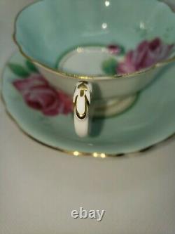 Paragon fine bone china tea cup saucer PALE BLUE With LARGE CABBAGE ROSE England