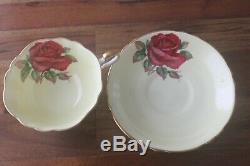 Paragon floating Cabbage Red Rose yellow tea cup teacup saucer Signed R. Johnson