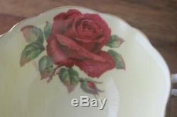 Paragon floating Cabbage Red Rose yellow tea cup teacup saucer Signed R. Johnson