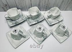 Porcelain Malacasa Gray/White Marbled Toned 6 Teacups + 6 Saucers Full Set Of 12