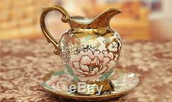 Porcelain Tea Set Teapot Sugar Bowl Creamer Cups & Saucers Metal Holder 15 Pcs