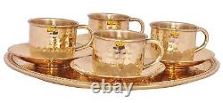 Pure Brass Round Tray with 4 Brass Cup & Saucer Morning Tea Cup Set Greatgift
