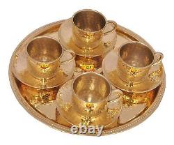 Pure Brass Round Tray with 4 Brass Cup & Saucer Morning Tea Cup Set Greatgift