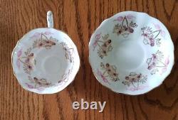 Queen Anne Bone China Tea Cup & Saucer Set Baskets Pink Flowers & Pink Ribbons