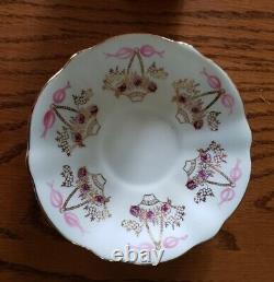 Queen Anne Bone China Tea Cup & Saucer Set Baskets Pink Flowers & Pink Ribbons