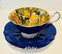 Queen Anne England Cobalt Floating Cabbage Roses GOLD Teacup & Saucer Wide Mouth