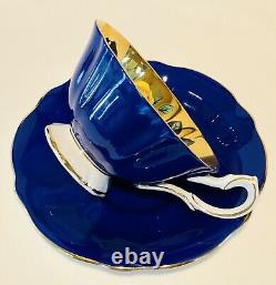 Queen Anne England Cobalt Floating Cabbage Roses GOLD Teacup & Saucer Wide Mouth