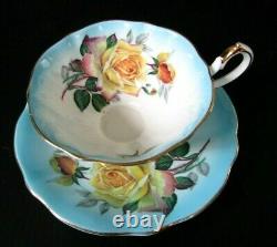 Queen Anne Large Cabbage Roses Light Blue Gold Rimmed Teacup and Saucer Set