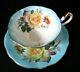 Queen Anne Large Cabbage Roses Light Blue Gold Rimmed Teacup And Saucer Set