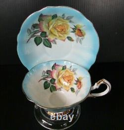 Queen Anne Large Cabbage Roses Light Blue Gold Rimmed Teacup and Saucer Set