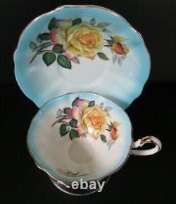 Queen Anne Large Cabbage Roses Light Blue Gold Rimmed Teacup and Saucer Set