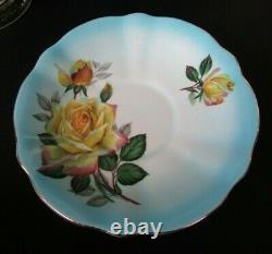 Queen Anne Large Cabbage Roses Light Blue Gold Rimmed Teacup and Saucer Set