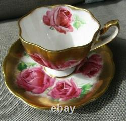 Queen Anne Large Pink Cabbage Roses Heavy Gold Teacup and Saucer Set