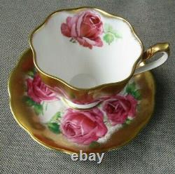 Queen Anne Large Pink Cabbage Roses Heavy Gold Teacup and Saucer Set