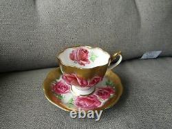 Queen Anne Large Pink Cabbage Roses Heavy Gold Teacup and Saucer Set