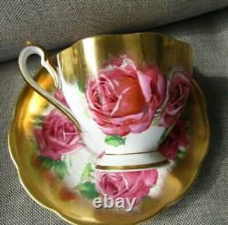 Queen Anne Large Pink Cabbage Roses Heavy Gold Teacup and Saucer Set