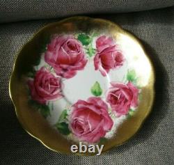 Queen Anne Large Pink Cabbage Roses Heavy Gold Teacup and Saucer Set