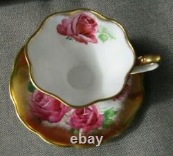 Queen Anne Large Pink Cabbage Roses Heavy Gold Teacup and Saucer Set