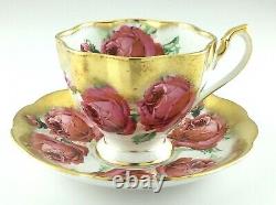 Queen Anne Large Red Cabbage Leafed Scalloped Edge Gold Trim Teacup Saucer L062