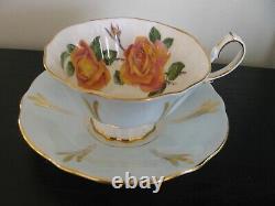 Queen Anne Lt Blue Yellow Pink Cabbage Rose Tea Cup And Saucer