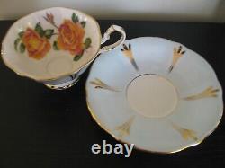 Queen Anne Lt Blue Yellow Pink Cabbage Rose Tea Cup And Saucer