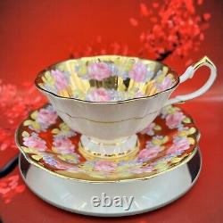 Queen Anne Pink Roses Solid Gold Bone China Teacup & Saucer England Vintage BX3