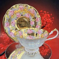 Queen Anne Pink Roses Solid Gold Bone China Teacup & Saucer England Vintage BX3