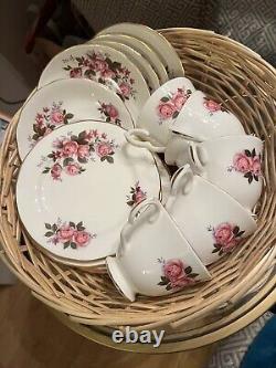 Queen Anne Roses Tea Cup, Saucers, Bread Plate. Bone China. Vintage