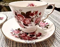 Queen Anne Roses Tea Cup, Saucers, Bread Plate. Bone China. Vintage