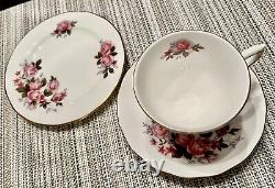 Queen Anne Roses Tea Cup, Saucers, Bread Plate. Bone China. Vintage