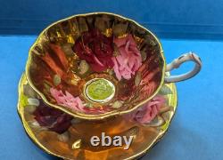 Queen Anne Teacup Saucer Pink Red Roses on Heavy Gold