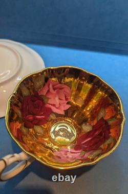 Queen Anne Teacup Saucer Pink Red Roses on Heavy Gold