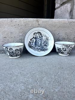 RARE Antique Bat-Printed, Pearlwear Deep Saucer and 2 Naughty Children Teacups