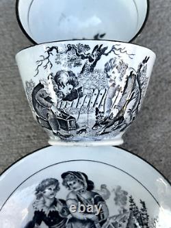 RARE Antique Bat-Printed, Pearlwear Deep Saucer and 2 Naughty Children Teacups