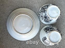 RARE Antique Bat-Printed, Pearlwear Deep Saucer and 2 Naughty Children Teacups