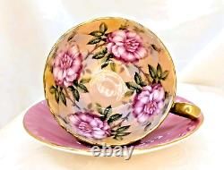 RARE Aynsley 4 Large Cabbage Roses Teacup & Saucer Set Solid Pink with Gold Trim