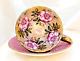Rare Aynsley 4 Large Cabbage Roses Teacup & Saucer Set Solid Pink With Gold Trim