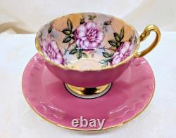 RARE Aynsley 4 Large Cabbage Roses Teacup & Saucer Set Solid Pink with Gold Trim