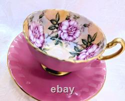 RARE Aynsley 4 Large Cabbage Roses Teacup & Saucer Set Solid Pink with Gold Trim