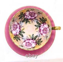 RARE Aynsley 4 Large Cabbage Roses Teacup & Saucer Set Solid Pink with Gold Trim