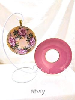 RARE Aynsley 4 Large Cabbage Roses Teacup & Saucer Set Solid Pink with Gold Trim