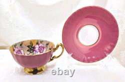 RARE Aynsley 4 Large Cabbage Roses Teacup & Saucer Set Solid Pink with Gold Trim
