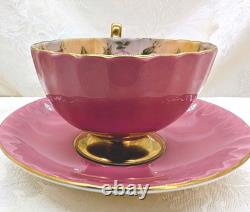 RARE Aynsley 4 Large Cabbage Roses Teacup & Saucer Set Solid Pink with Gold Trim
