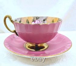 RARE Aynsley 4 Large Cabbage Roses Teacup & Saucer Set Solid Pink with Gold Trim