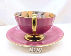 RARE Aynsley 4 Large Cabbage Roses Teacup & Saucer Set Solid Pink with Gold Trim