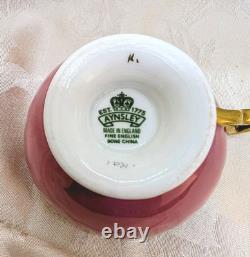 RARE Aynsley 4 Large Cabbage Roses Teacup & Saucer Set Solid Pink with Gold Trim