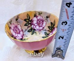 RARE Aynsley 4 Large Cabbage Roses Teacup & Saucer Set Solid Pink with Gold Trim